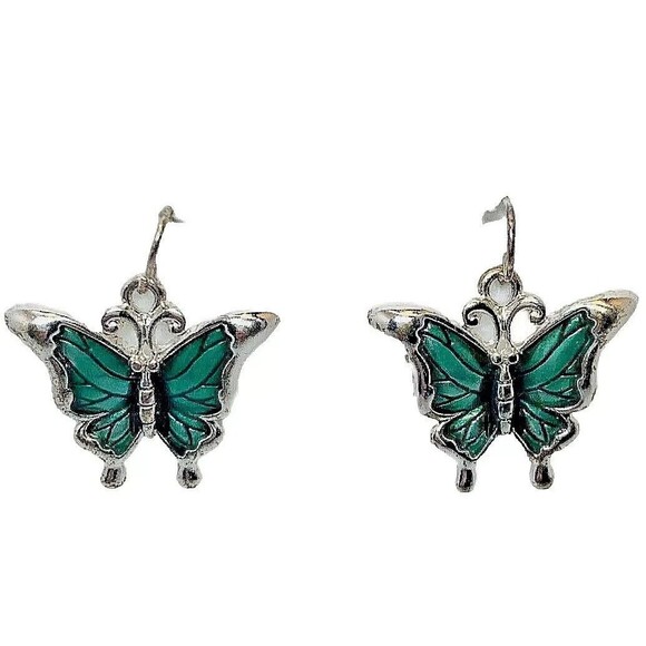 Green Butterfly Dangle Earrings 7/8" Silver Tone Fairycore Whimsical - Picture 9 of 9